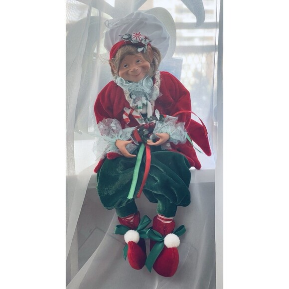 Christmas Cook Elf Shelf Sitter Ornament 16" Red Green Outfit Articulated Legs - Picture 1 of 10